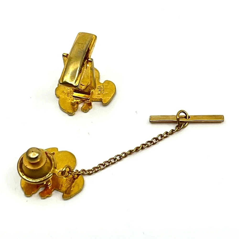 Vintage Snoopy Cufflink Tie Tack Set‎ Enamel Gold Tone Peanuts Character Comic